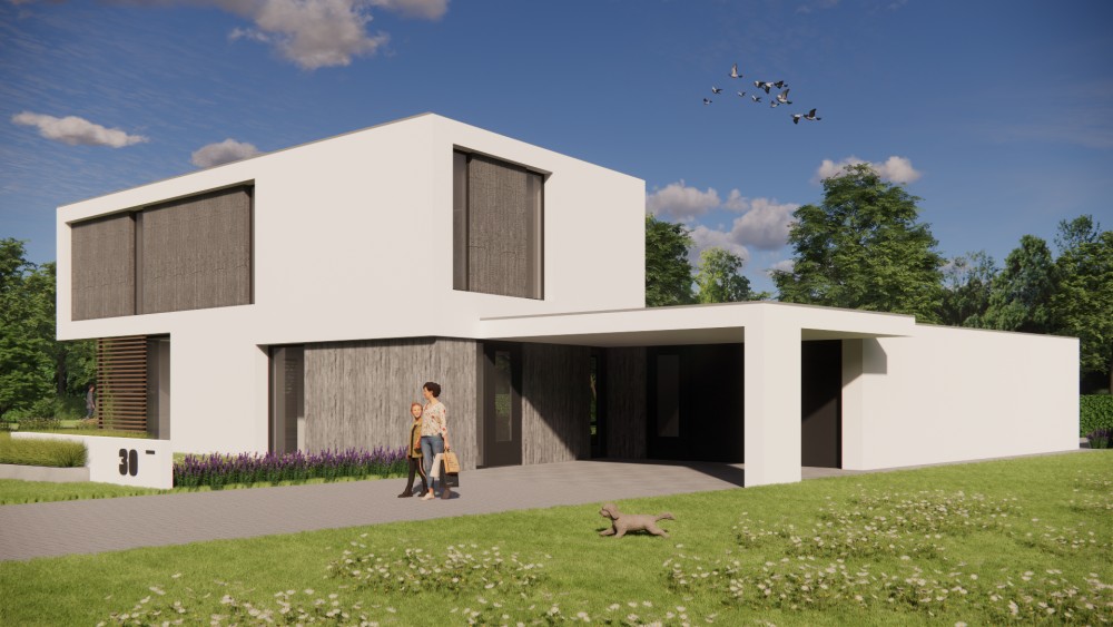 Afbeelding van Strakke kubusvormige woning met wit stucwerk en houten geveldelen - b49620ef-dcd1-4794-96dd-0a225a9bc3d4