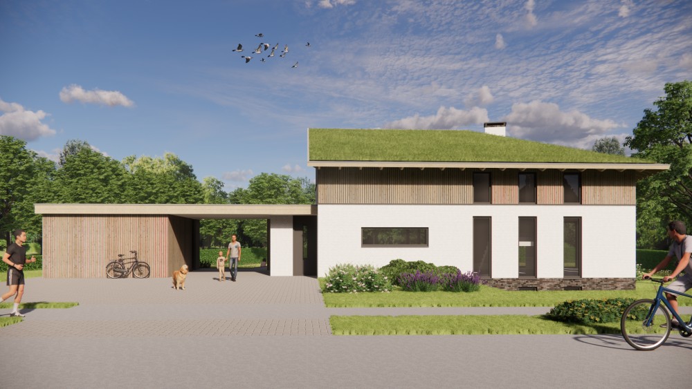 3D Render van duurzame woning met houten gevels, groendak en dakoverstek 4