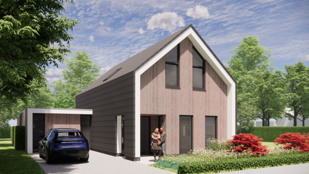 Afbeelding van Eigentijdse schuurwoning met zadeldak bruine houten gevel en vlakke dakpannen - 3af70f0b-78f3-4b19-91d0-a757810179c1