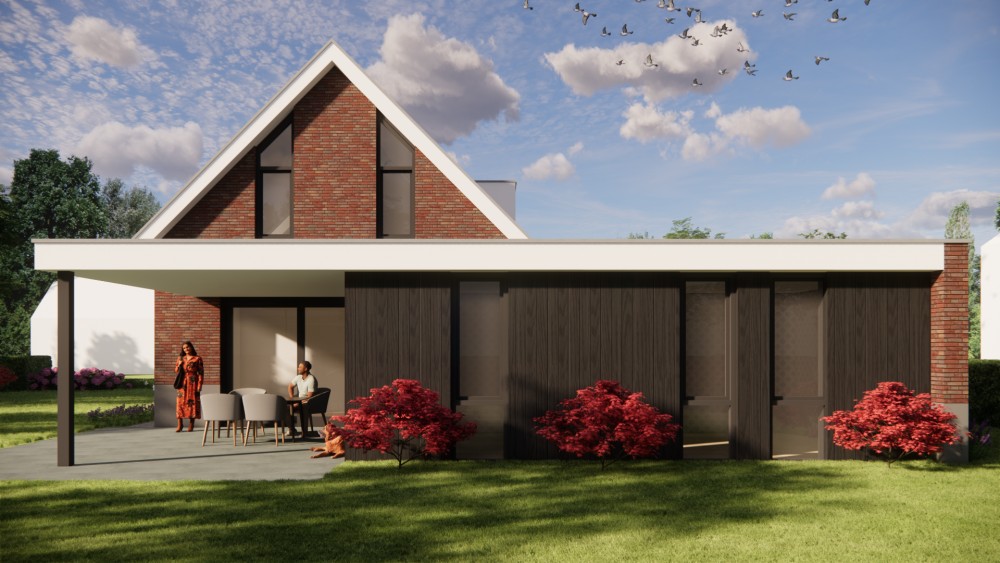 3D Render van moderne woning met zadeldak, rood metselwerk en vlakke dakpannen 8