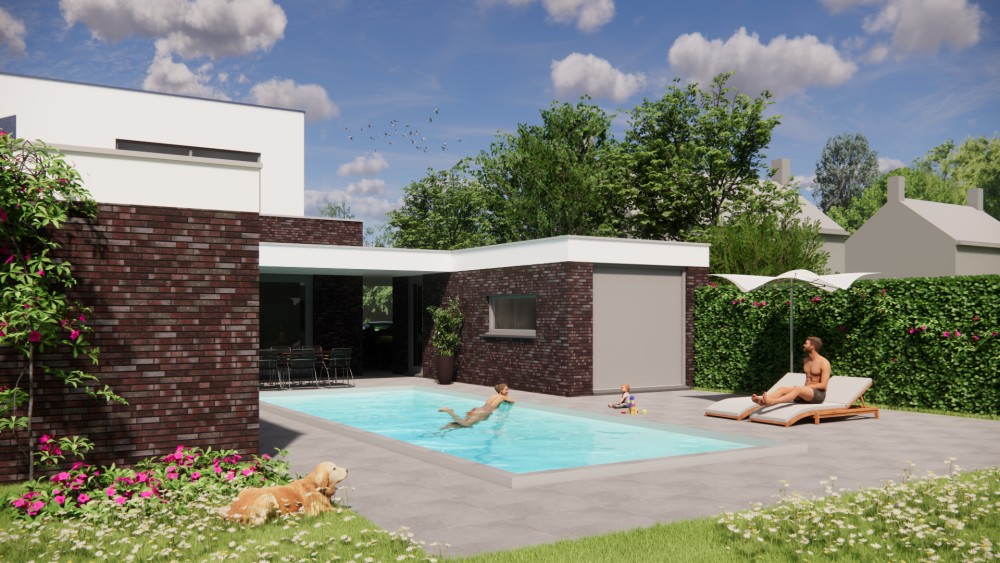 Afbeelding van Moderne woning met donkerrode baksteen, wit pleisterwerk en lessenaarsdak - 1210b361-a440-47e6-9dce-f19dd6288e2a