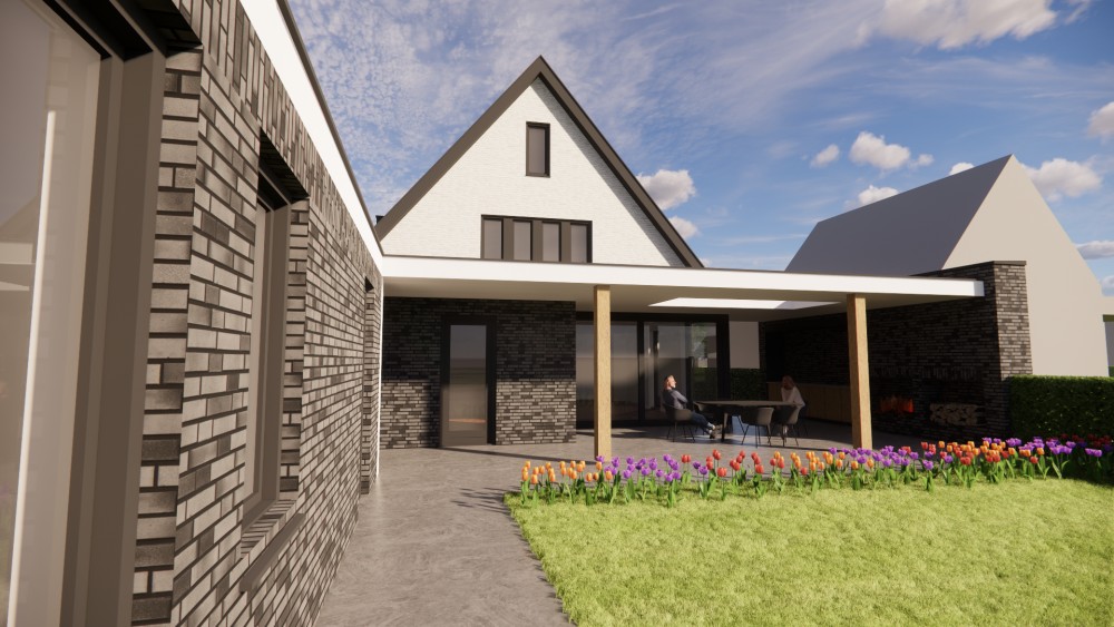 3D Render van moderne vrijstaande woning met gekeimd metselwerk en zadeldak met vlakke dakpan 5