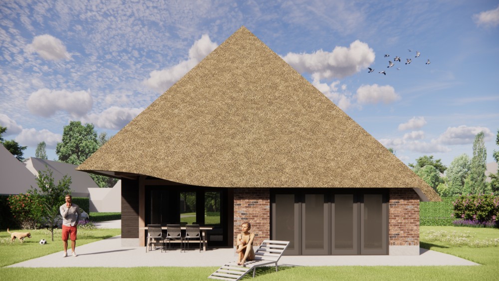 Afbeelding van Rietgedekte schuurwoning met metselwerk gevel en houten accenten - a1686411-ae7a-4145-ac12-4681cfd4a96e