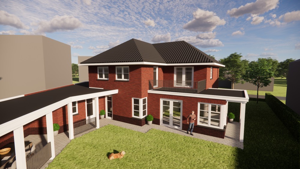 3D Render van vrijstaand jaren 30 huis met metselwerkgevels en schilddak met gegolfde dakpannen 5