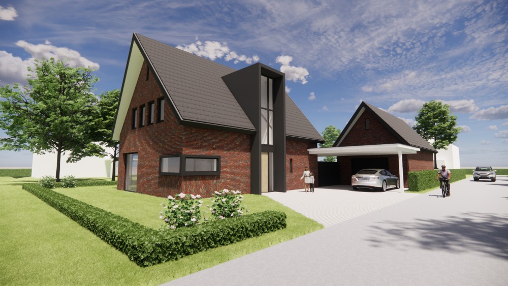 Afbeelding van Moderne woning met metselwerk gevels, vlakke dakpannen en uitgesproken risaliet - 2baff2be-b956-4291-80fe-87718b887772