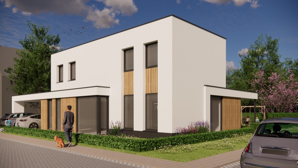 Afbeelding van Kubistische woning met witte gevels, houten accenten en strak vormgegeven carport - 0c4f3583-5f3c-44c4-9c6d-f6e9662006f8