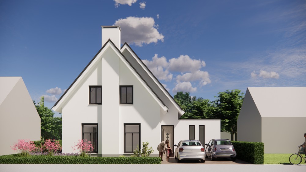 Afbeelding van Gepleisterde gezinswoning met zadeldak, houten kozijnen en ingetogen detaillering - 3180c423-e2ea-4aef-9f0c-c2dca6fd1729