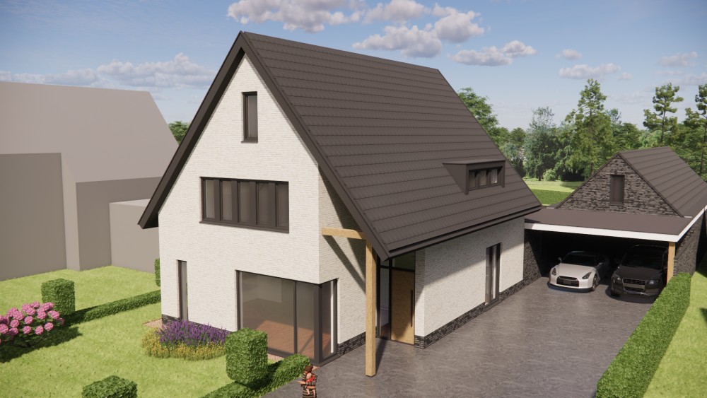 3D Render van moderne vrijstaande woning met gekeimd metselwerk en zadeldak met vlakke dakpan 9