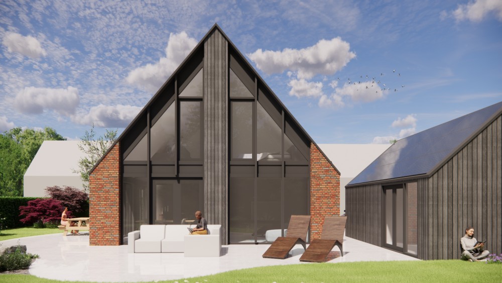 3D Render van eigentijdse schuurwoning met metselwerk en houten gevelaccenten 6