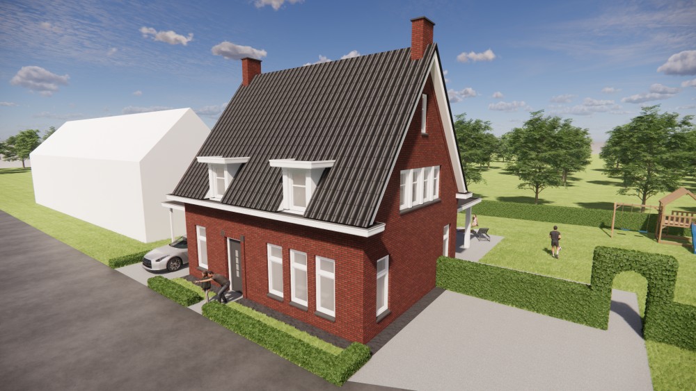 3D Render van jaren 30 notariswoning met zadeldak, metselwerk en houten kozijnen 7