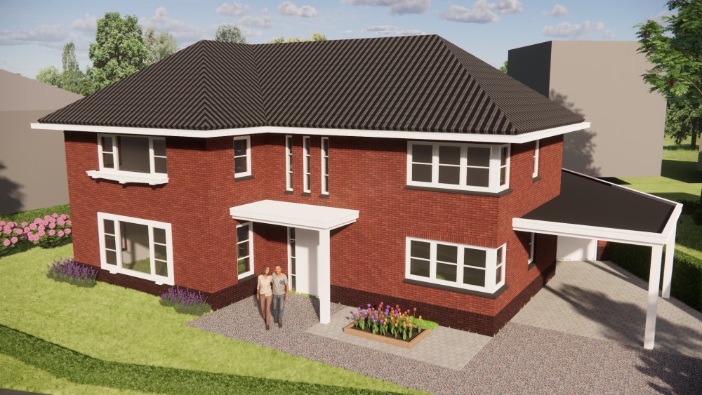 3D Render van vrijstaand jaren 30 huis met metselwerkgevels en schilddak met gegolfde dakpannen 8