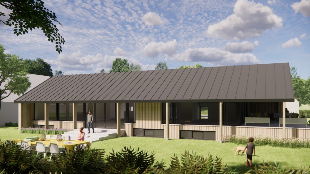 3D Render van moderne schuurwoning met houten gevel felsplaat zadeldak en overstekken 10