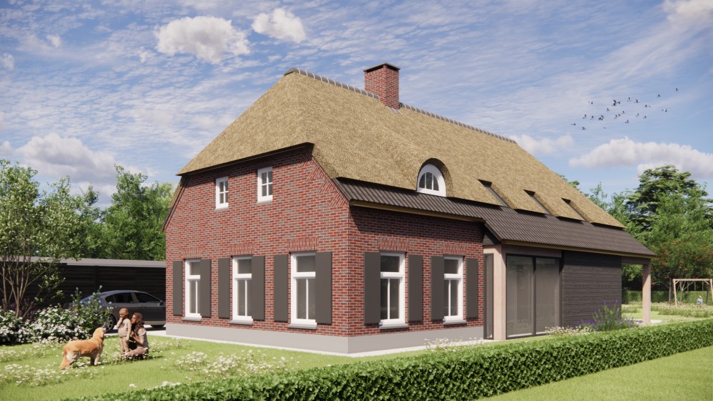 Afbeelding van Vrijstaande boerderijwoning met rood metselwerk, houten accenten en dakkapel - 10788d17-de75-4ccb-83d1-b2d518cd350d