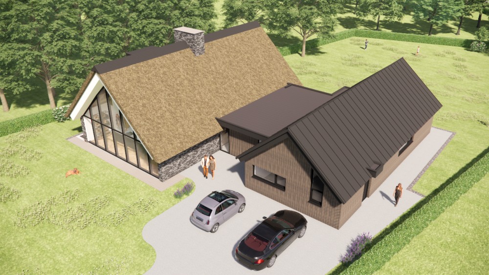 3D Render van landelijke villa met rieten zadeldak, houten accenten en risaliet 7