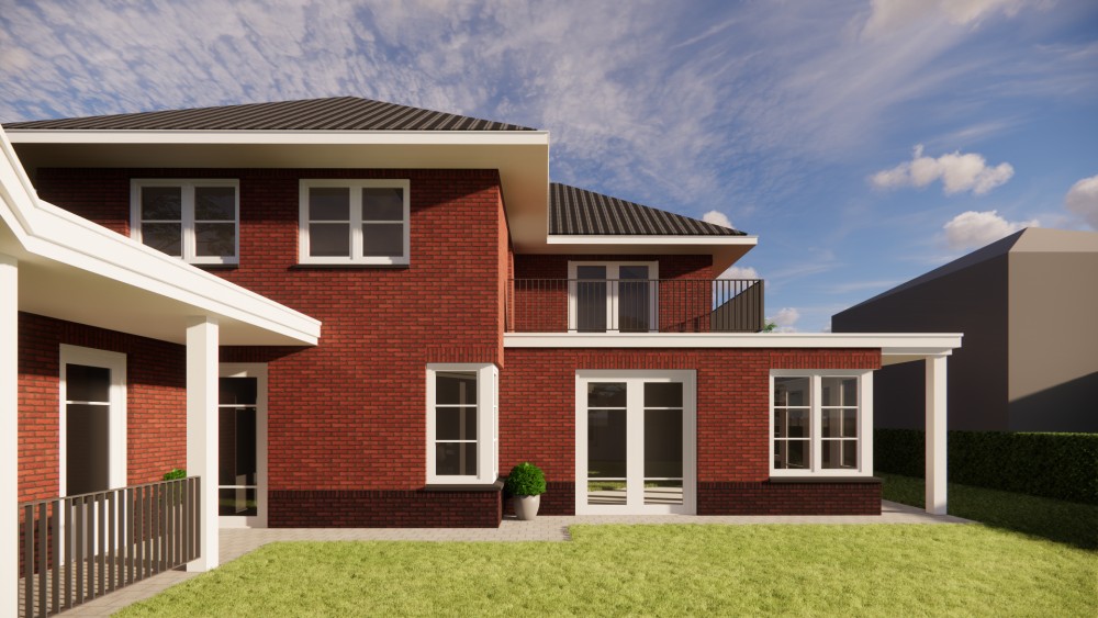 3D Render van vrijstaand jaren 30 huis met metselwerkgevels en schilddak met gegolfde dakpannen 7