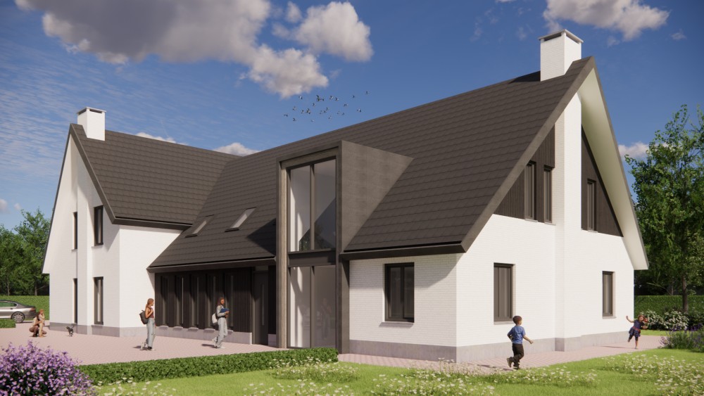 Afbeelding van Witte 2 onder 1 kap villa met zadeldak, vlakke dakpannen en gekeimd metselwerk - cc903d09-3675-41fe-9ee7-a9746028b62a