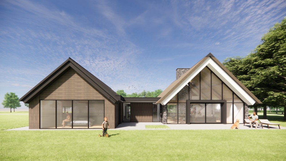 3D Render van landelijke villa met rieten zadeldak, houten accenten en risaliet 3