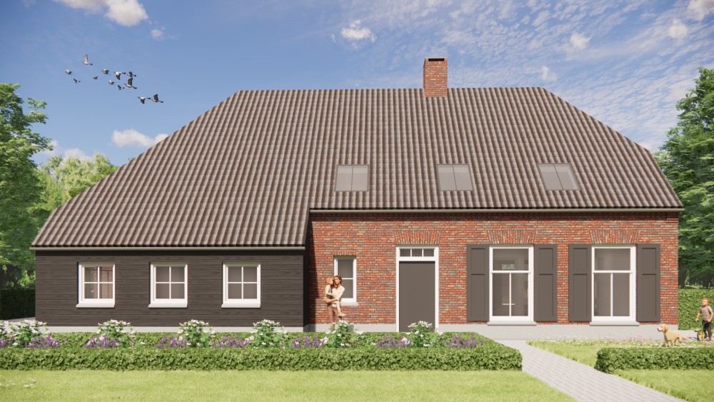 3D Render van landelijke boerderijwoning met wolfsdak, gegolfde dakpannen en houten accenten 7