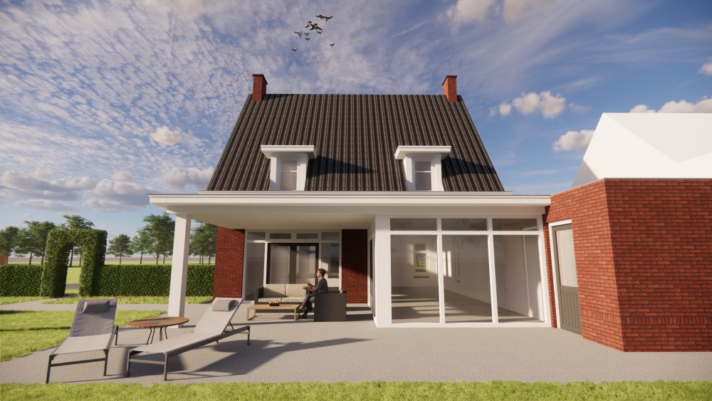 3D Render van jaren 30 notariswoning met zadeldak, metselwerk en houten kozijnen 4