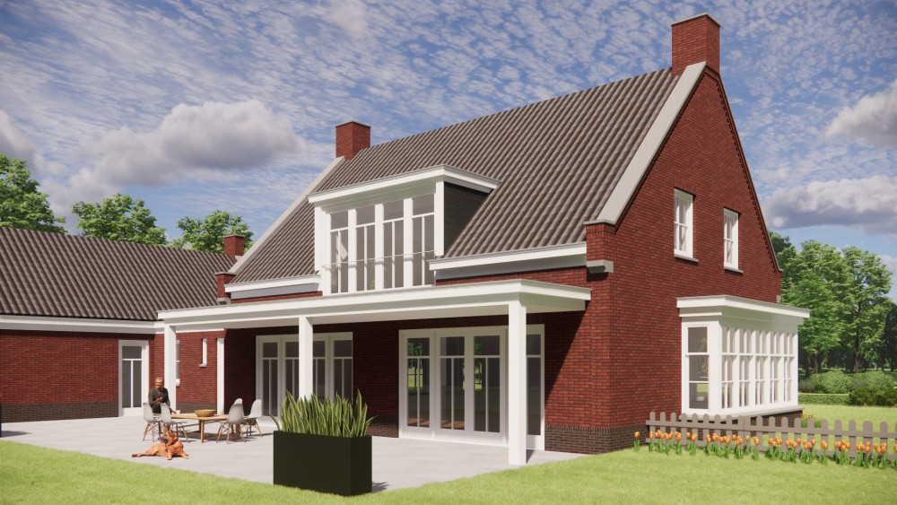 3D Render van traditionele notariswoning met metselwerk gevels, zadeldak en erker 5