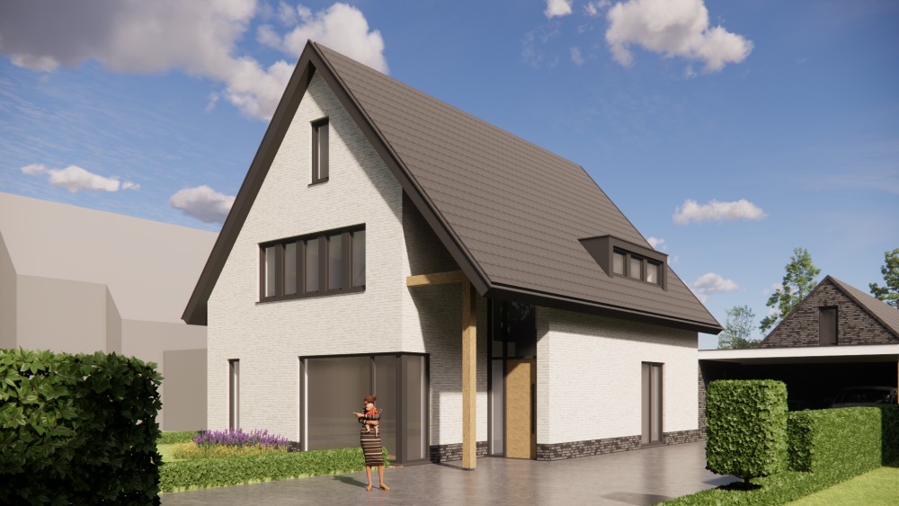 Afbeelding van Moderne vrijstaande woning met gekeimd metselwerk en zadeldak met vlakke dakpan - 68e30eed-b98f-445e-a02e-211ac03f5733