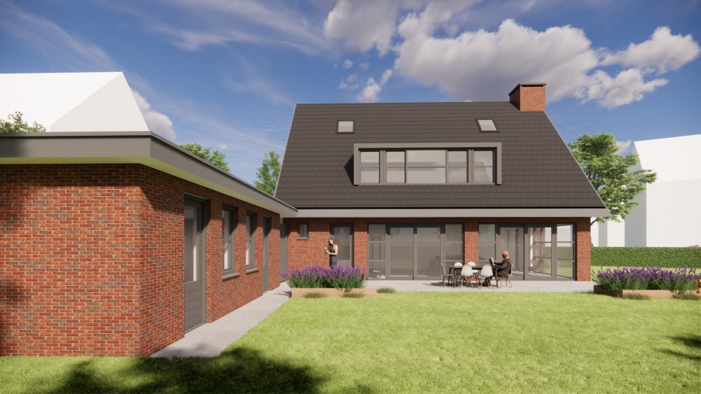 3D Render van moderne vrijstaande woning in metselwerk met zadeldak en vlakke dakpannen 4