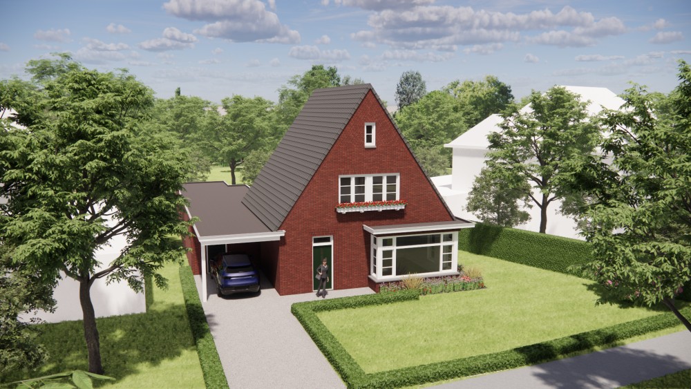 3D Render van vrijstaande woning in jaren 30 stijl met metselwerk gevels en zadeldak met gegolfde dakpannen 10