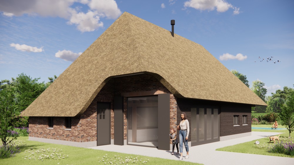 Afbeelding van Rietgedekte schuurwoning met metselwerk gevel en houten accenten - a1686411-ae7a-4145-ac12-4681cfd4a96e
