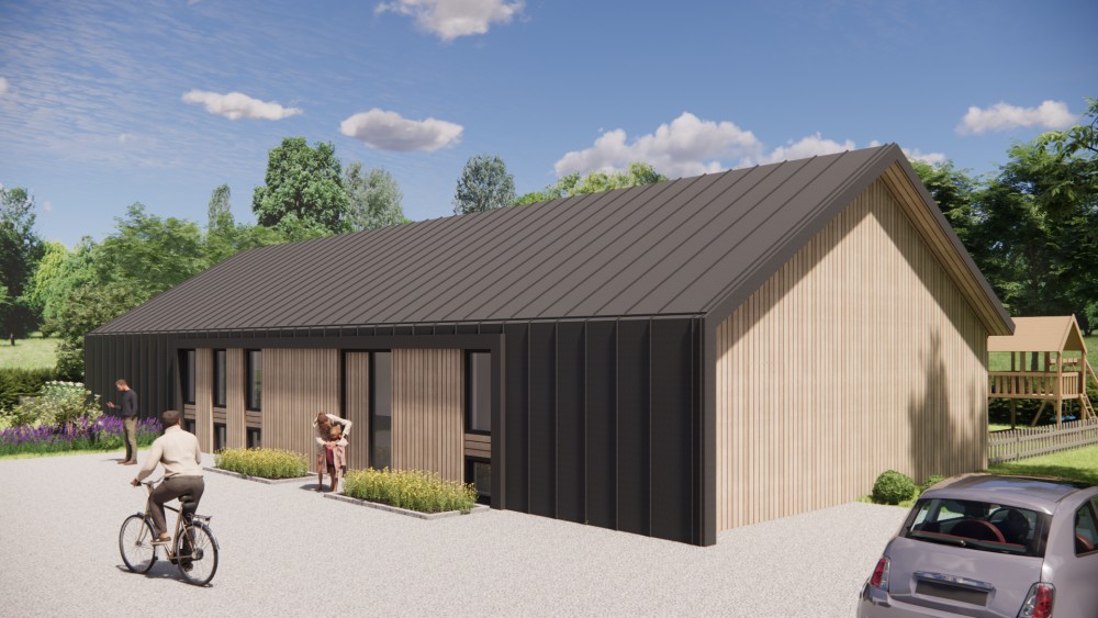 3D Render van moderne schuurwoning met houten gevel felsplaat zadeldak en overstekken 8