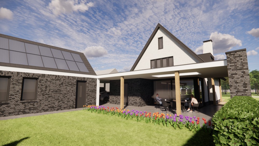 Afbeelding van Moderne vrijstaande woning met gekeimd metselwerk en zadeldak met vlakke dakpan - 68e30eed-b98f-445e-a02e-211ac03f5733