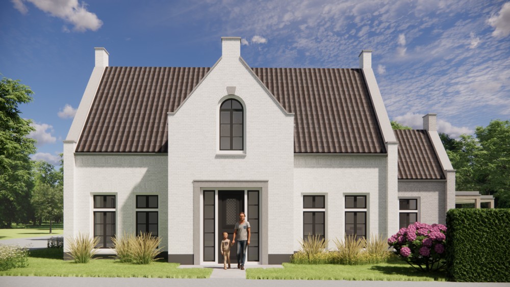 3D Render van jaren 30 woning met wit gekeimd metselwerk schoorsteen en zadeldak met gegolfde dakpannen 4