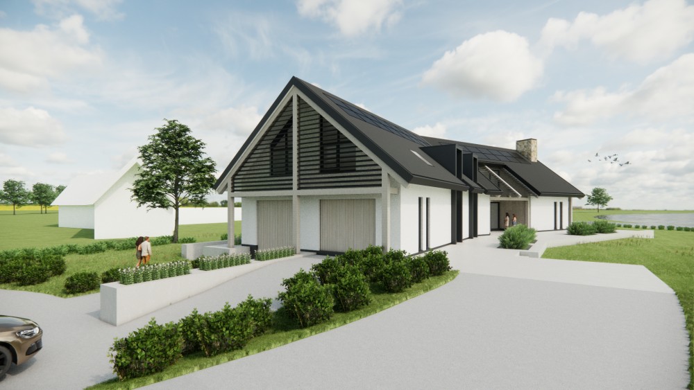 3D Render van landelijke villa met zadeldak, pleisterwerk gevels en houten accenten 1