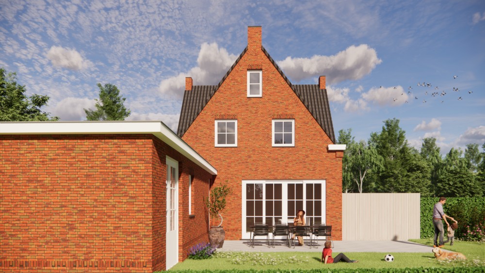 3D Render van traditionele jaren 30-notariswoning met metselwerk, luiken en zadeldak 5