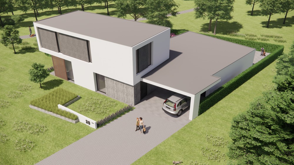 3D Render van strakke kubusvormige woning met wit stucwerk en houten geveldelen 7