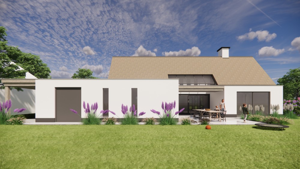 3D Render van moderne vrijstaande woning met rieten zadeldak witte pleistergevel en houtaccenten 6