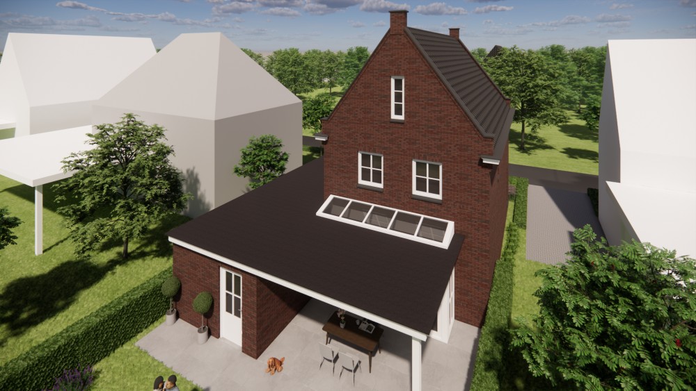 3D Render van vrijstaande jaren 30 woning met metselwerk, erker en zadeldak met gegolfde dakpannen 14