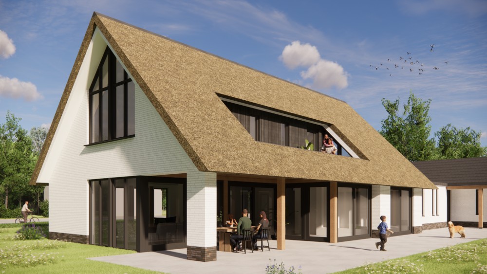 Afbeelding van Moderne L-vormige woning met rieten zadeldak en gekeimde gevels - 1c6a0366-39c2-4c5e-9de1-43f281d360f8