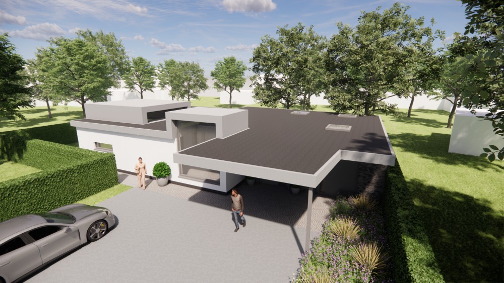 3D Render van vrijstaande kubistische woning met pleisterwerk en plat dak 8