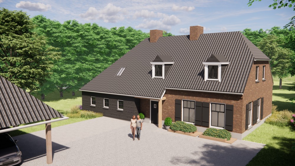 3D Render van landelijke boerderijwoning in metselwerk met wolfsdak met gegolfde dakpannen en houten accenten 10