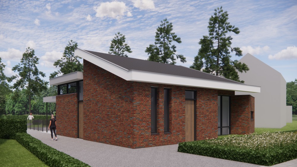 3D Render van moderne vrijstaande woning in metselwerk met lessenaarsdak met vlakke dakpannen en verholen dakgoot 8