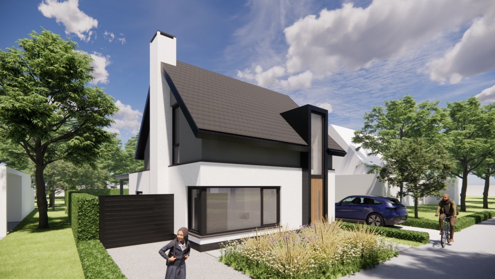 Afbeelding van Vrijstaande moderne woning met wit gekeimd metselwerk, zadeldak met vlakke dakpan en houtaccenten - f75c5dcc-bdbe-4c90-86a9-08cd5fe25a27