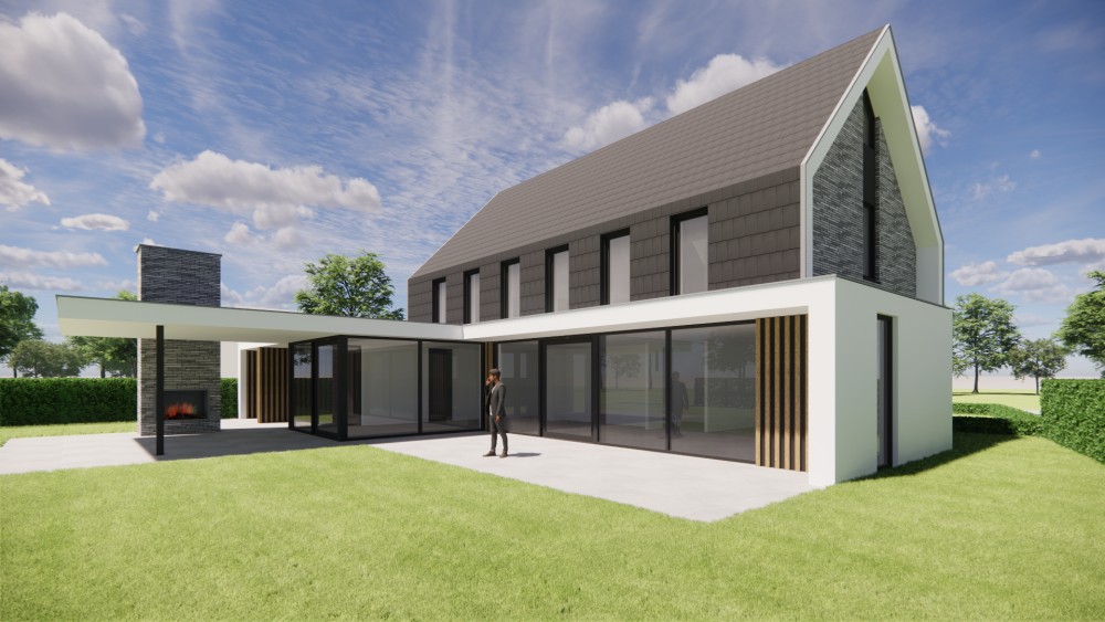 3D Render van moderne woning met houten gevelbekleding en strak zadeldak 3