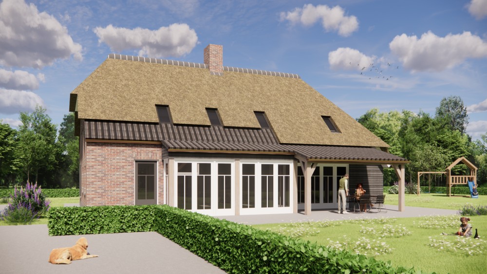 Afbeelding van Rietgedekte boerderijwoning met metselwerk, houten accenten en royale overstekken - 80a57b49-a699-481a-9acf-a2a3f8abeafa