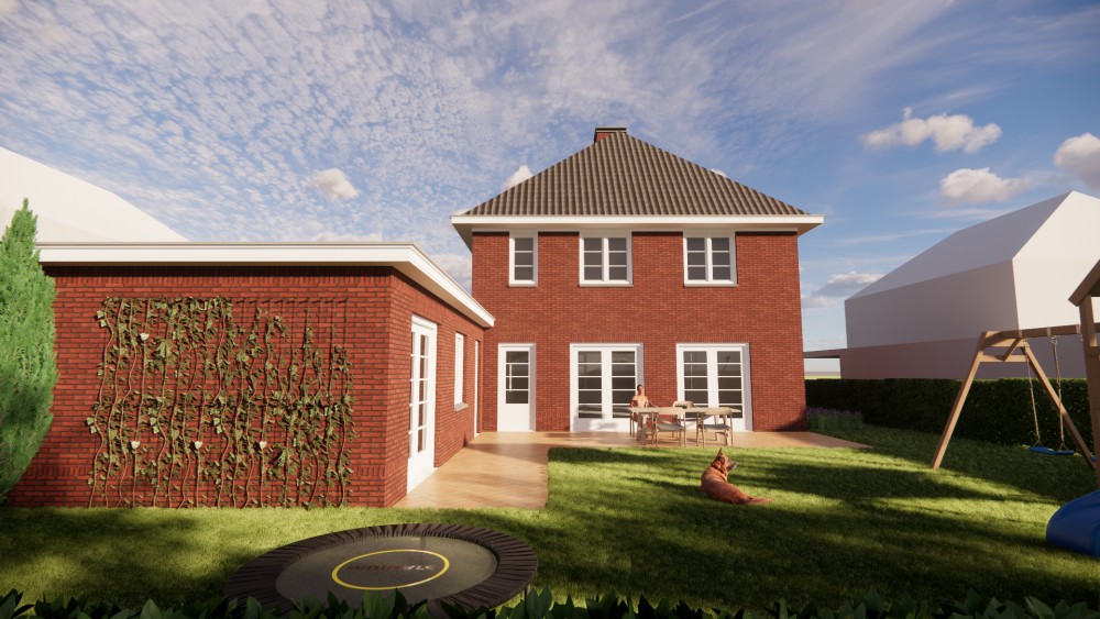 3D Render van vrijstaande notariswoning met metselwerk gevels en klassiek schilddak 5