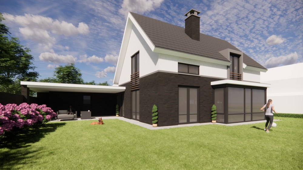 3D Render van vrijstaande eigentijdse woning met metselwerkgevel en zadeldak met vlakke dakpannen 6