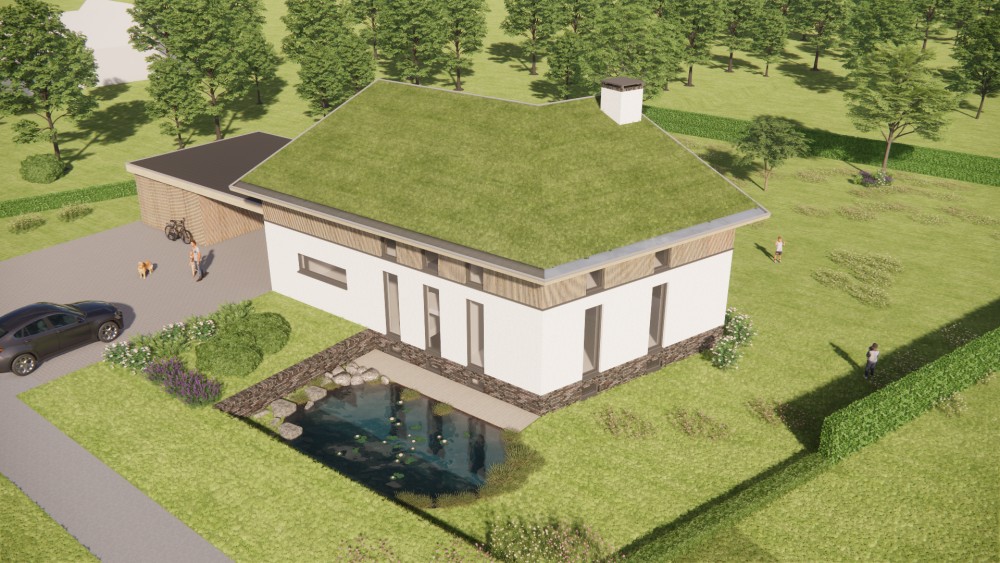 3D Render van duurzame woning met houten gevels, groendak en dakoverstek 8
