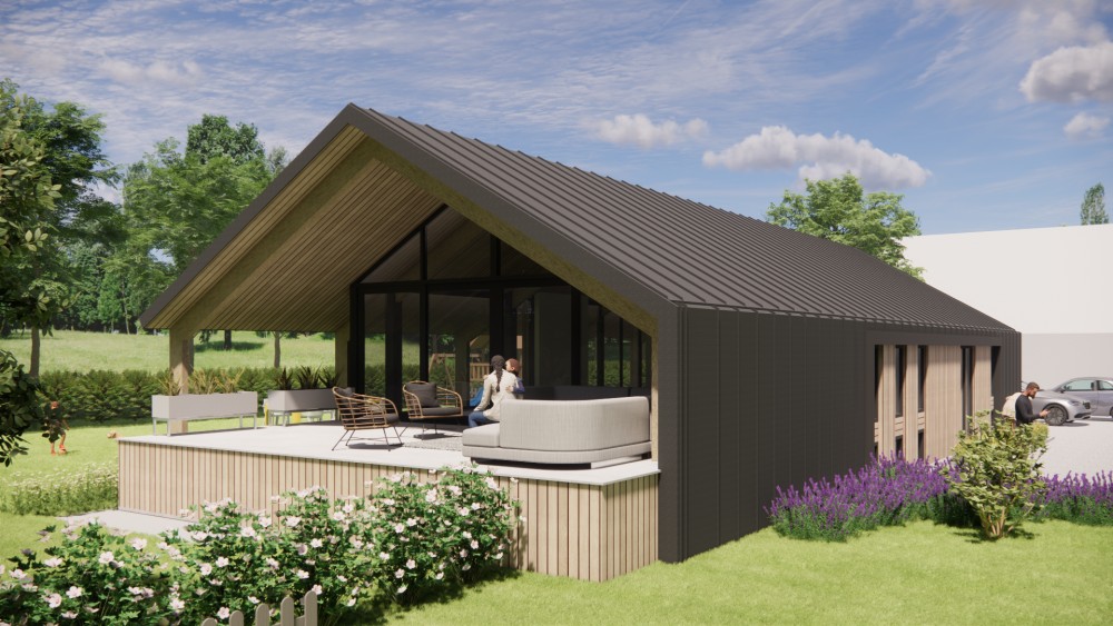 3D Render van moderne schuurwoning met houten gevel felsplaat zadeldak en overstekken 7