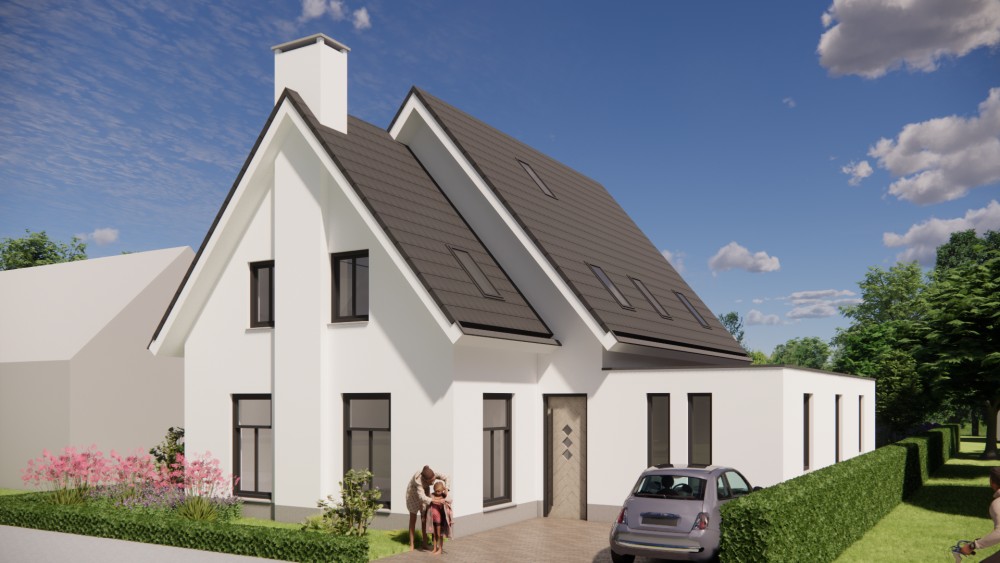 Afbeelding van Gepleisterde gezinswoning met zadeldak, houten kozijnen en ingetogen detaillering - 3180c423-e2ea-4aef-9f0c-c2dca6fd1729