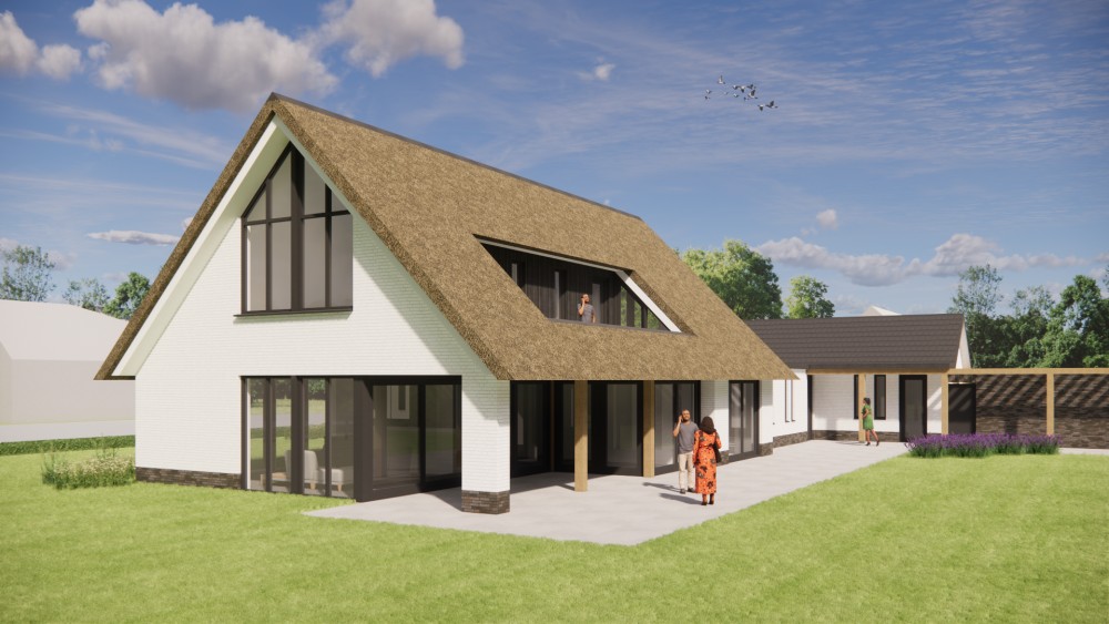 3D Render van moderne L-vormige woning met rieten zadeldak en gekeimde gevels 8