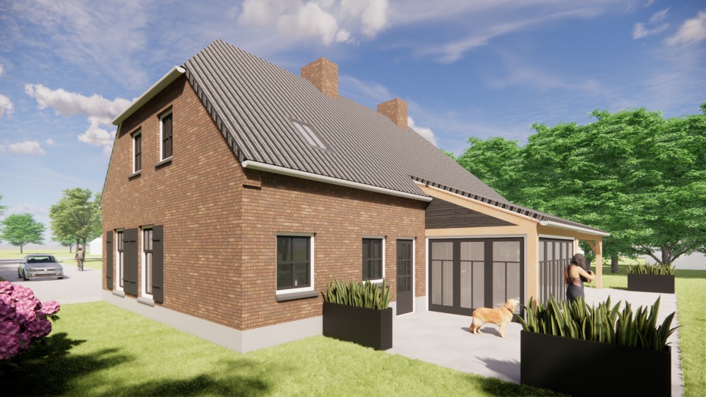 Afbeelding van Landelijke boerderijwoning in metselwerk met wolfsdak met gegolfde dakpannen en houten accenten - 4ef5b783-21fe-468d-bfd1-398cb510267c